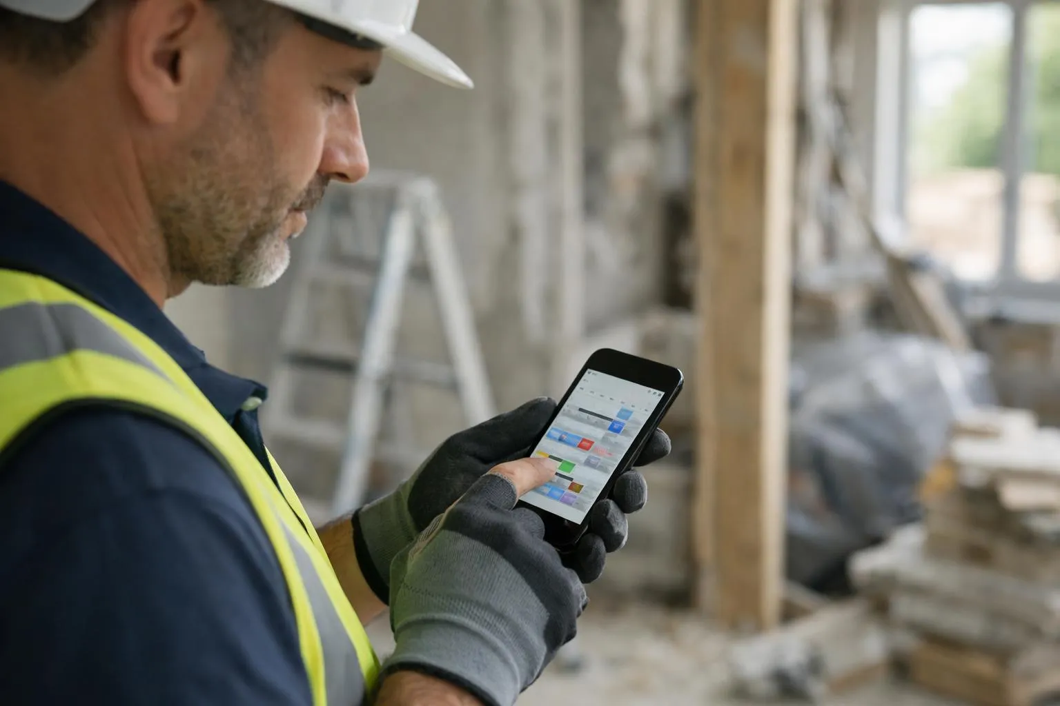 Ouvrier du bâtiment utilisant un smartphone sur un chantier.