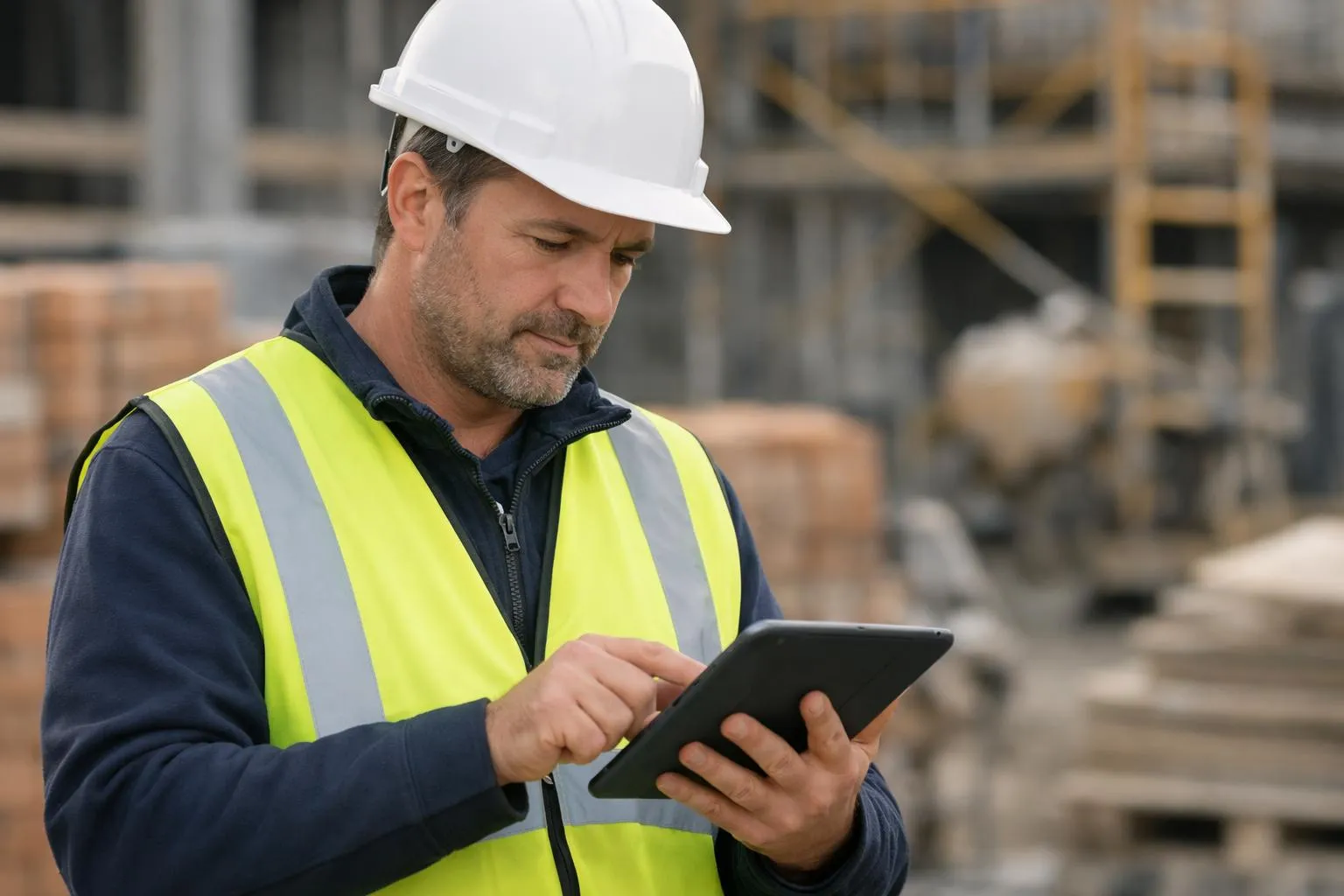 Ouvrier de chantier utilisant une tablette numérique sur le site de construction.