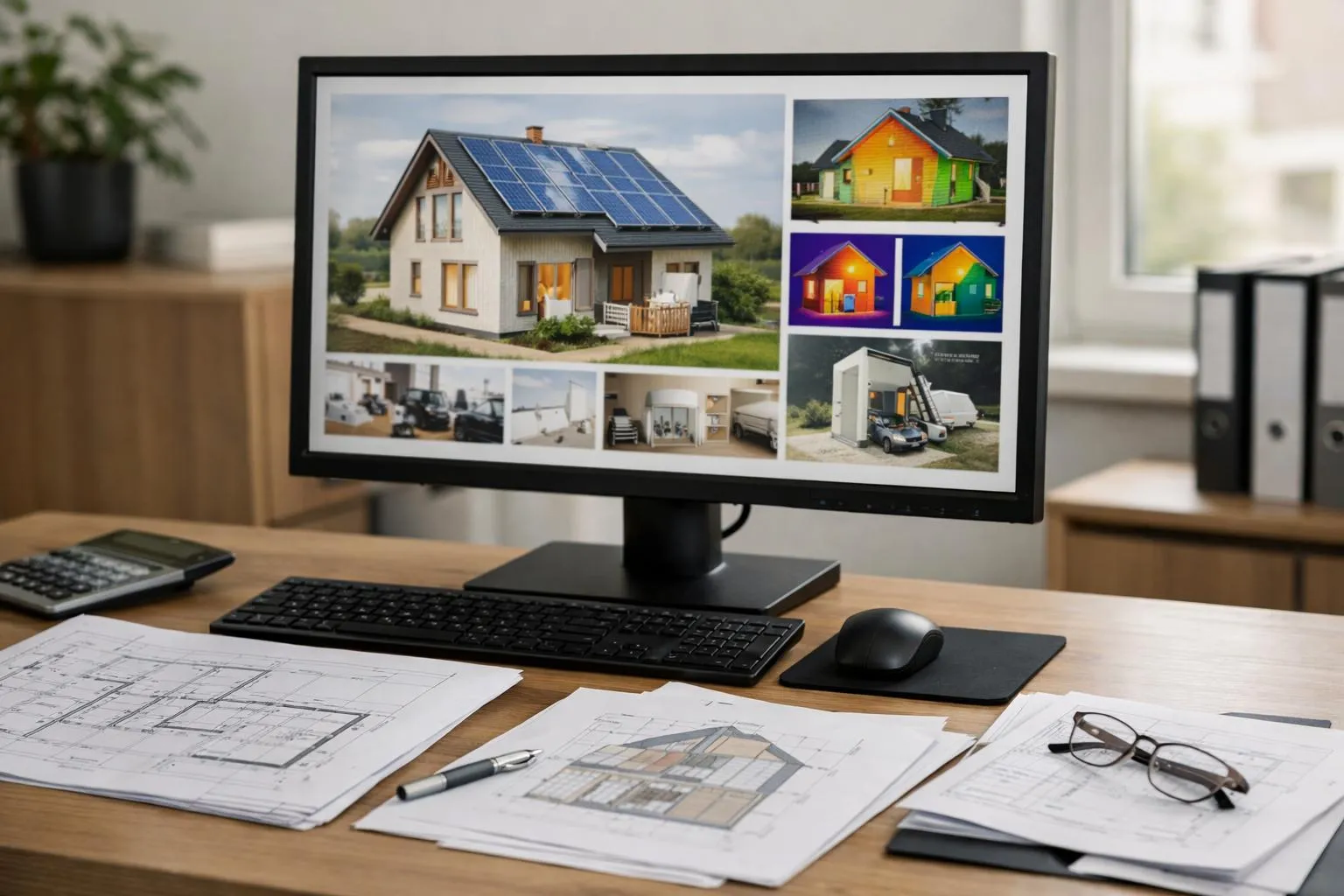 Bureau d'architecte avec plans, maquettes et écran d'ordinateur présentant des maisons écologiques.