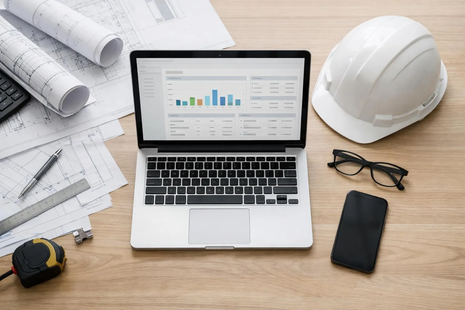 Bureau d'architecte avec ordinateur portable, plans, casque et outils.