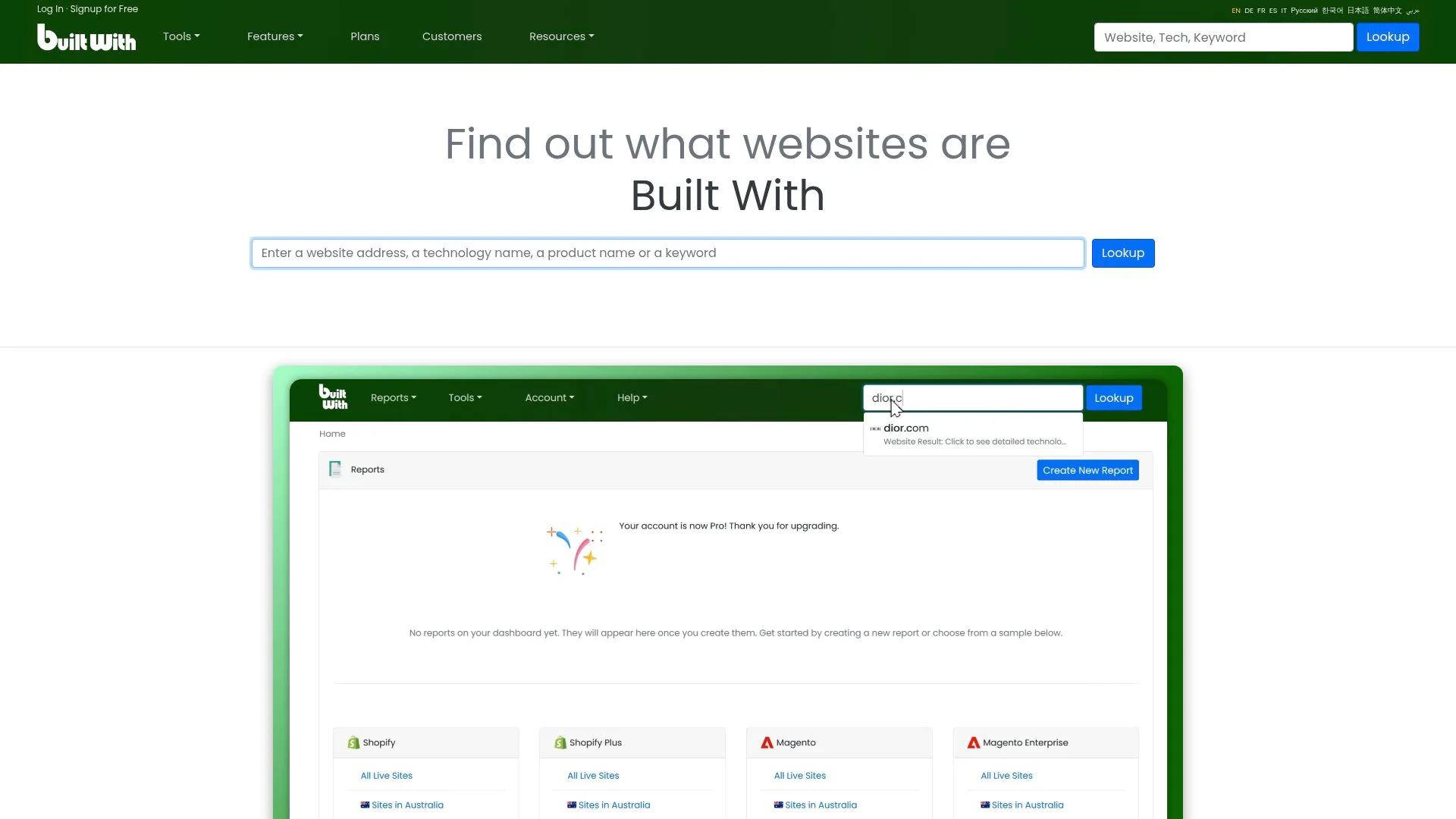 Site web permettant de rechercher des sites web construits avec différentes technologies.