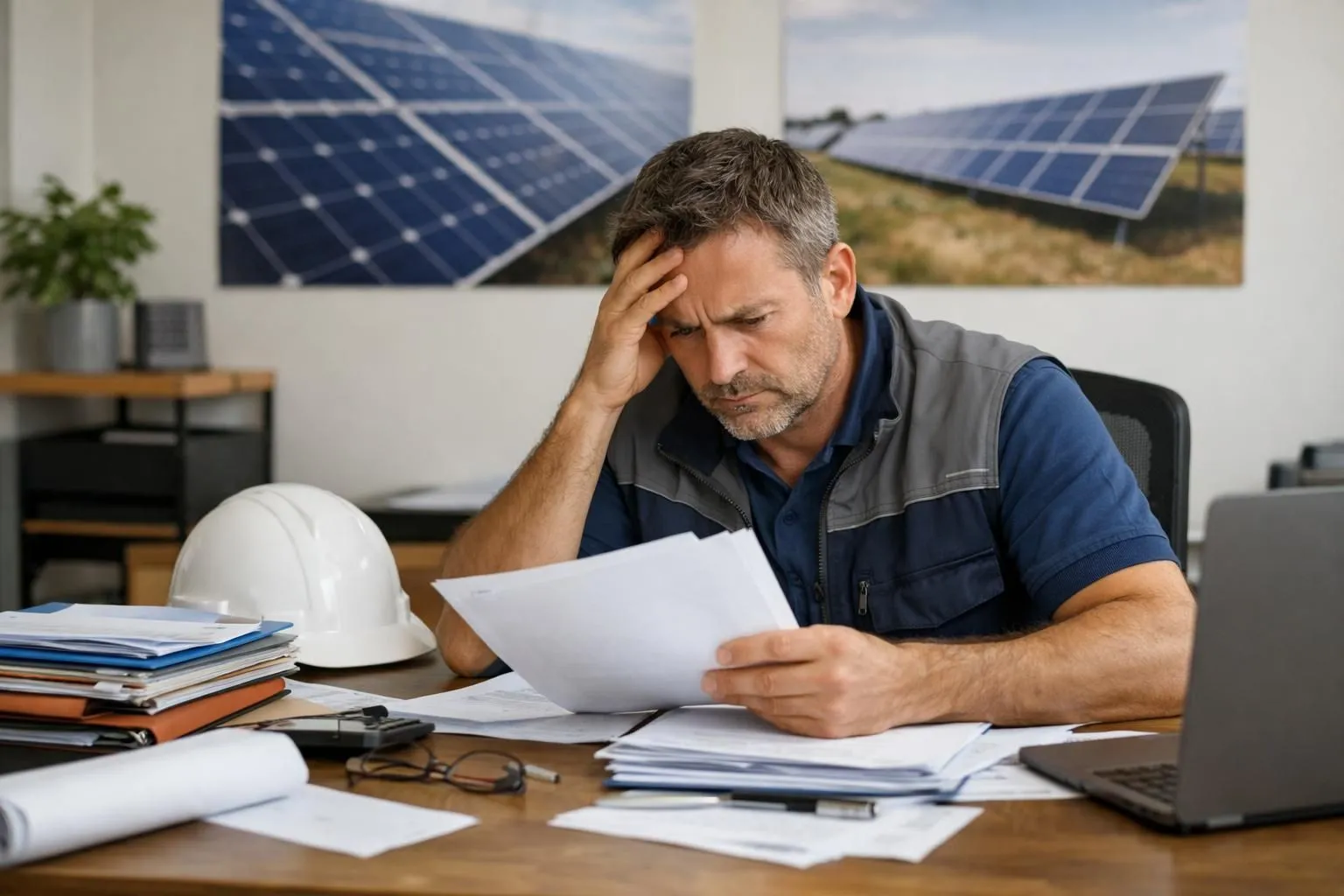 Un installateur photovoltaïque professionnel assis à un bureau encombré, examinant des documents et dossiers, l'air stressé, dans un bureau moderne avec des schémas de panneaux solaires au mur, éclairage naturel, style photo réaliste.